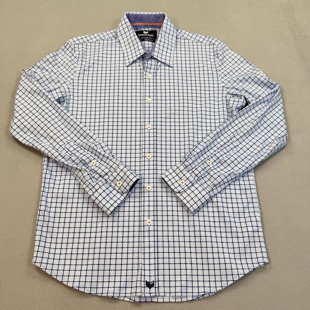 Buttercloth Dress Shirt Mens Medium White Blue Check Regular Fit Button Up